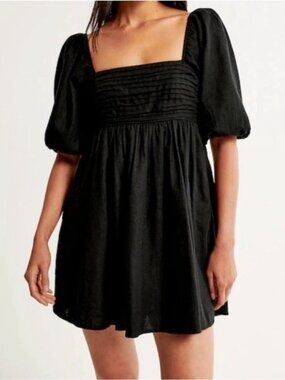 Abercrombie & Fitch Emerson Poplin Ruched Puff Sleeve Dress, Black, Size Medium